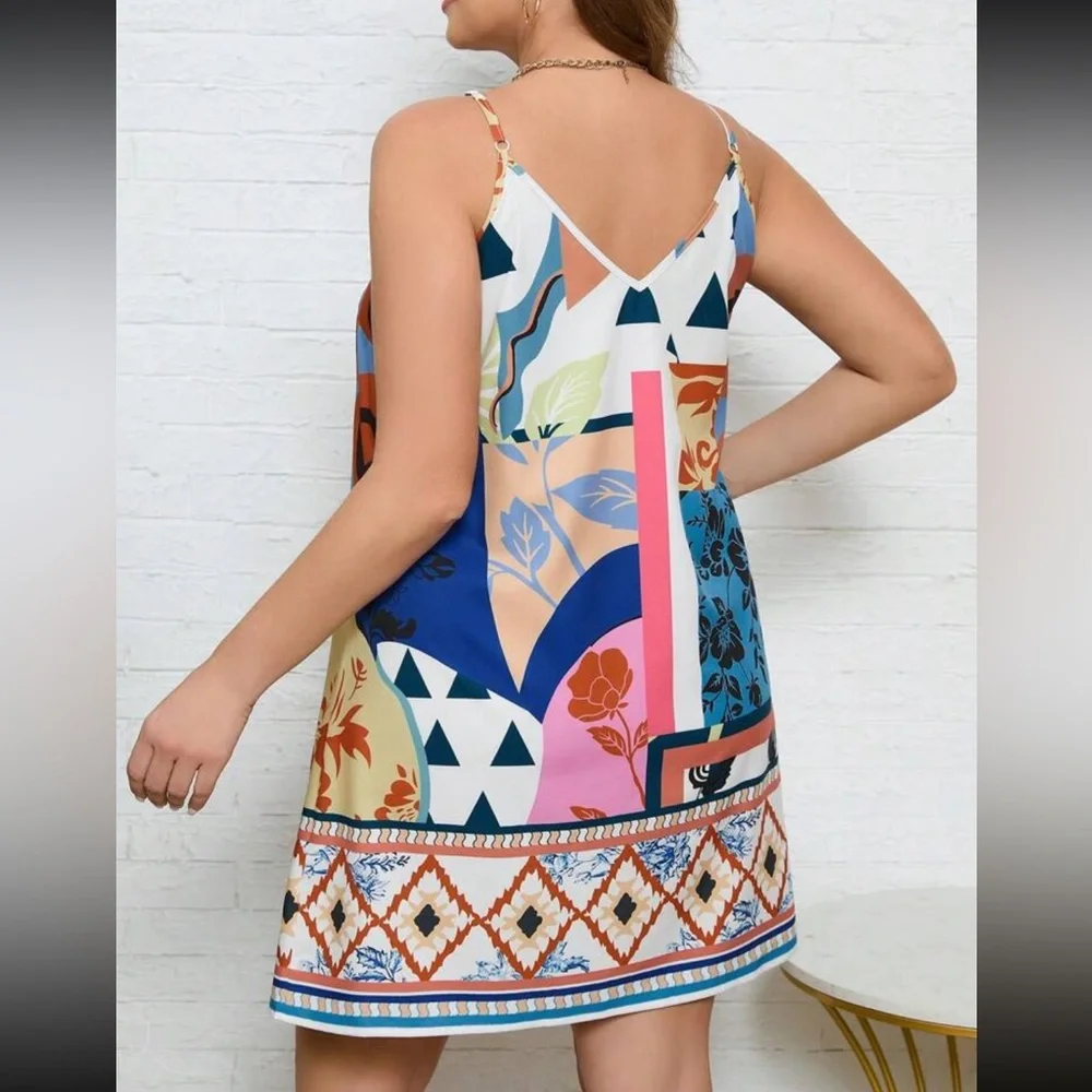 Boho Abstract Floral Geo Print Cami Tank Top Dress - Picture 2 of 3